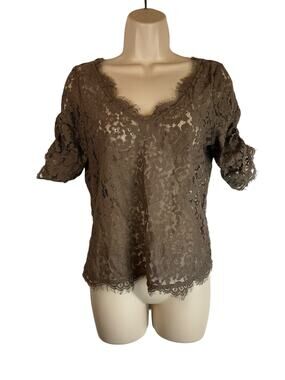 Joie Sheer Lace Blouse Womens XS Taupe Beige Boho Romantic Top  Puff Sleeve